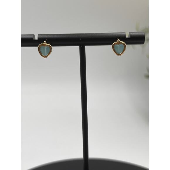 14k Yellow 535 Gold Bezel Set Blue Cats‎ Eye Heart Dainty Small Stud Earrings - Picture 2 of 12
